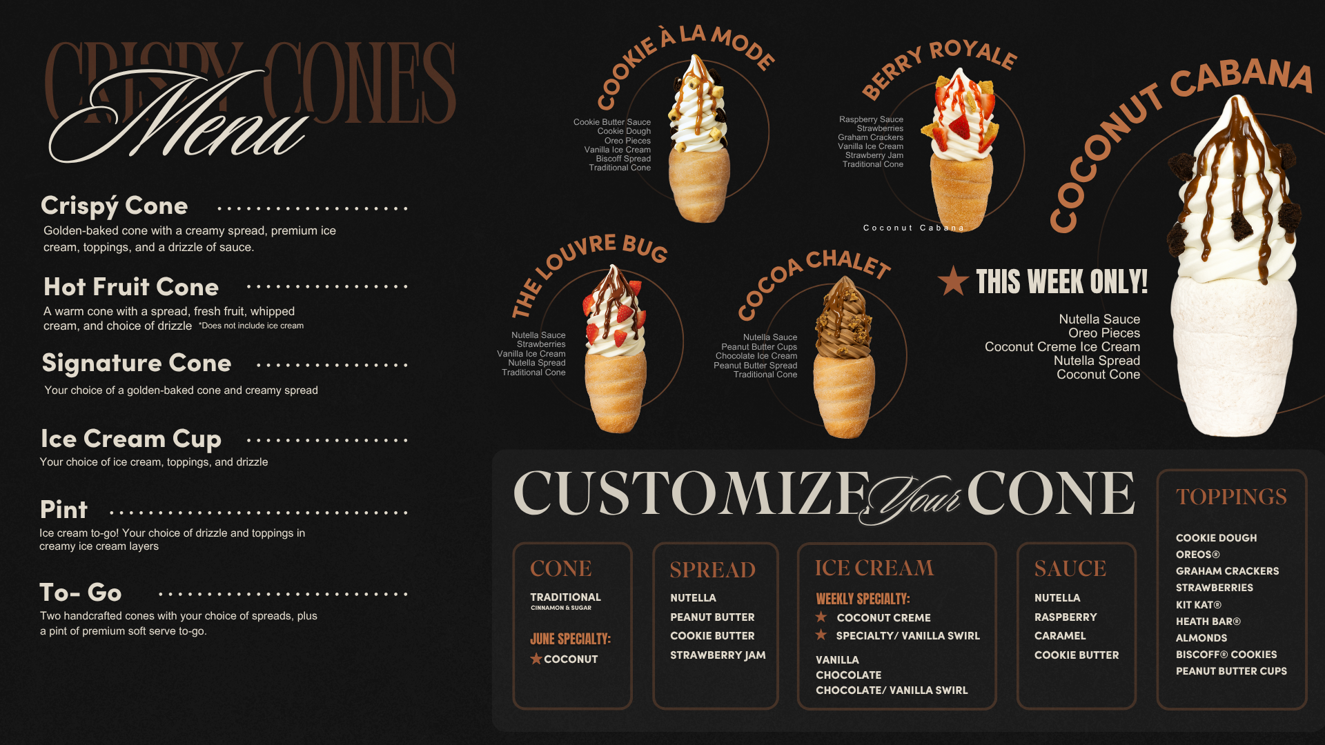 Discover current specialty flavors like Coconut Creme and Coconut cone options on the Crispy Cones menu.