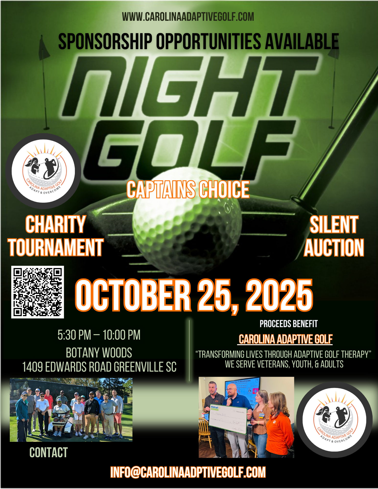 Join us for a magical night under the stars at the Night Golf & Silent Auction Fundraiser, supporting Carolina Adaptive Golf's mission to empower individuals with disabilities.