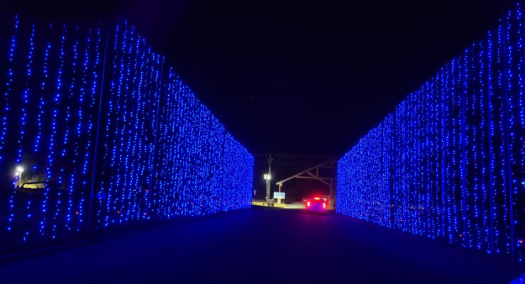 Stretch of synchronized lights along the drive-through show entrance.